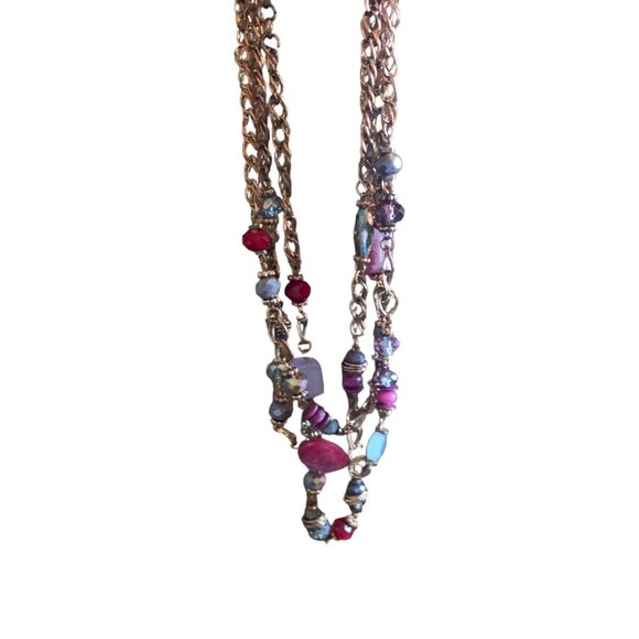 Three Chain Necklace Maroon & Purple Sparkly Assorted Dynamic Beads - Picture 3 of 5